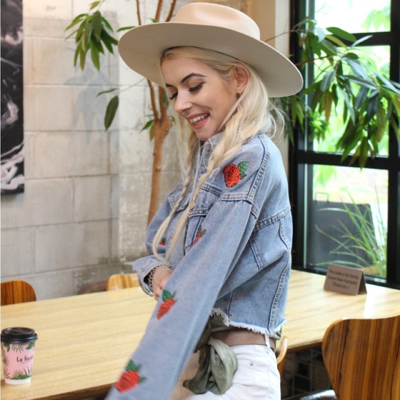Mega Cropped Denim Jacket with Rose Embroidery by Lulu Simone - Picture 12 of 14
